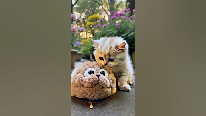 Watch the video about Kitten vs Stuffed Toy #cat #funny #memes #tv #cute
