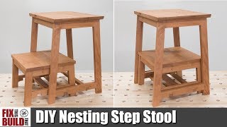 How to build a Step Stool with 3 functions in 1 space. This DIY step stool combo has a smaller step stool nested within a larger stool 