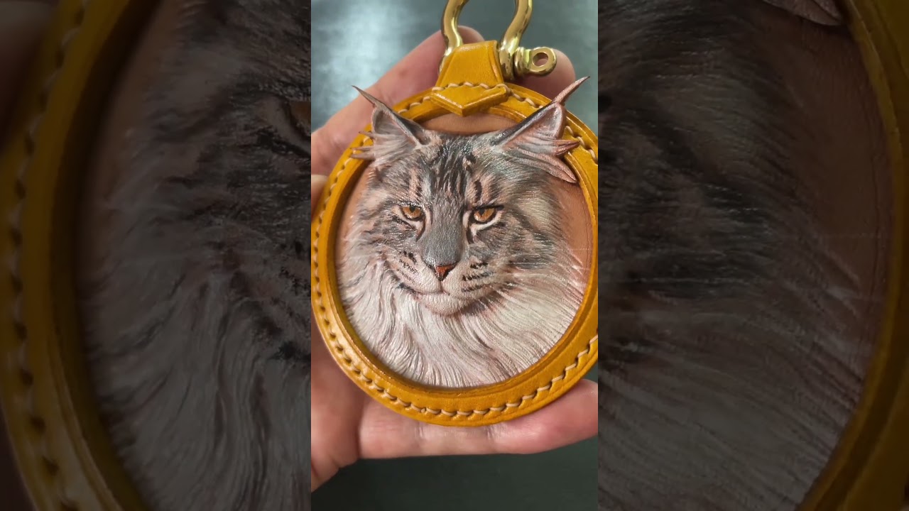 Leather-Carving & Painting Cat Portrait Keychain - Cool Cat😍😍
