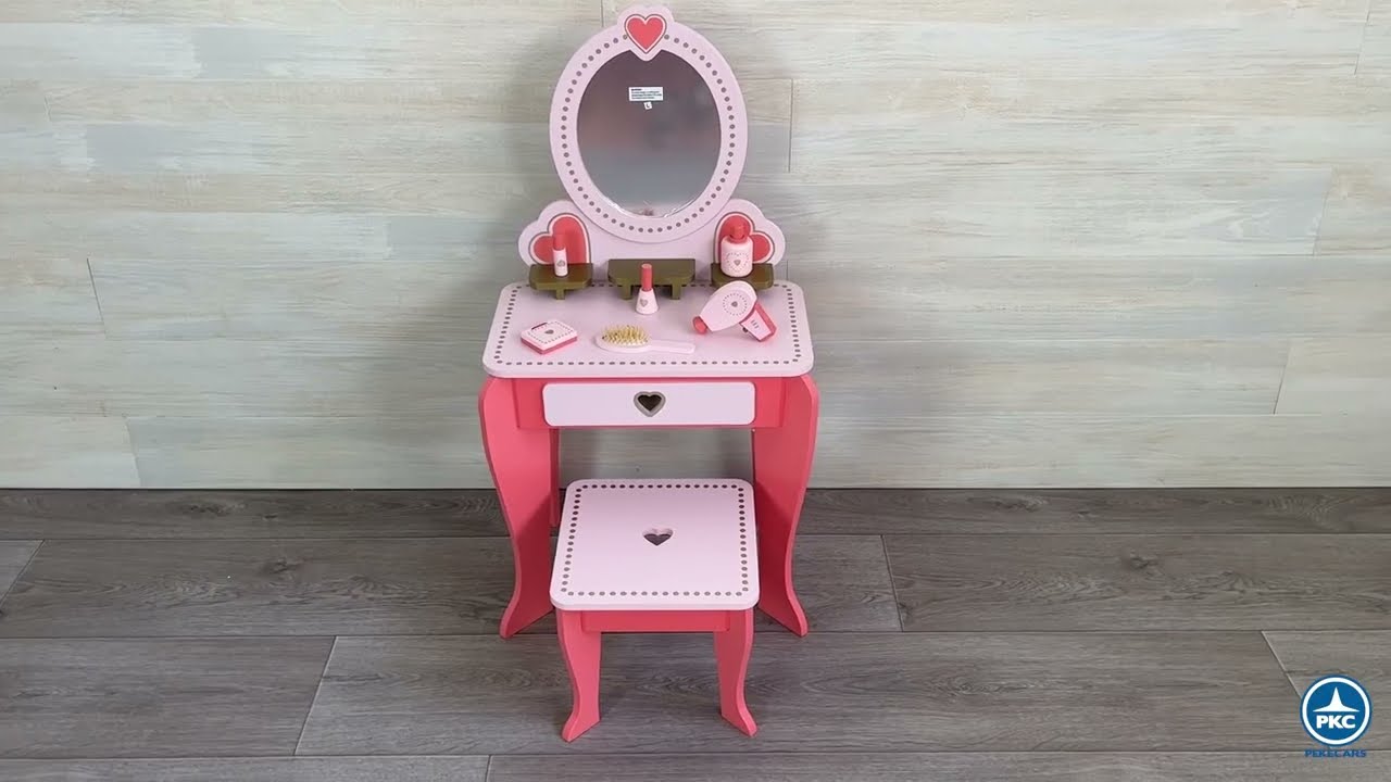 Juego de tocador de madera para niños, mesa de tocador de maquillaje de simulación para niños pequeños con espejo giratorio de 360°, juego de salón de belleza incluye accesorios de maquillaje