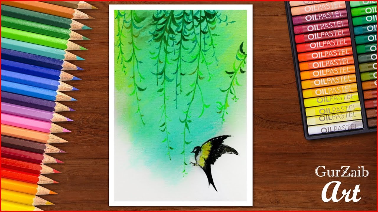 How to draw birds scenery drawing with oil pastels and colored