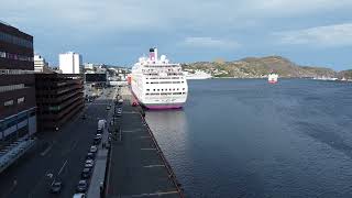 Stern view drone shot cruise ship Ambience. Docked St. John’s Newfoundland