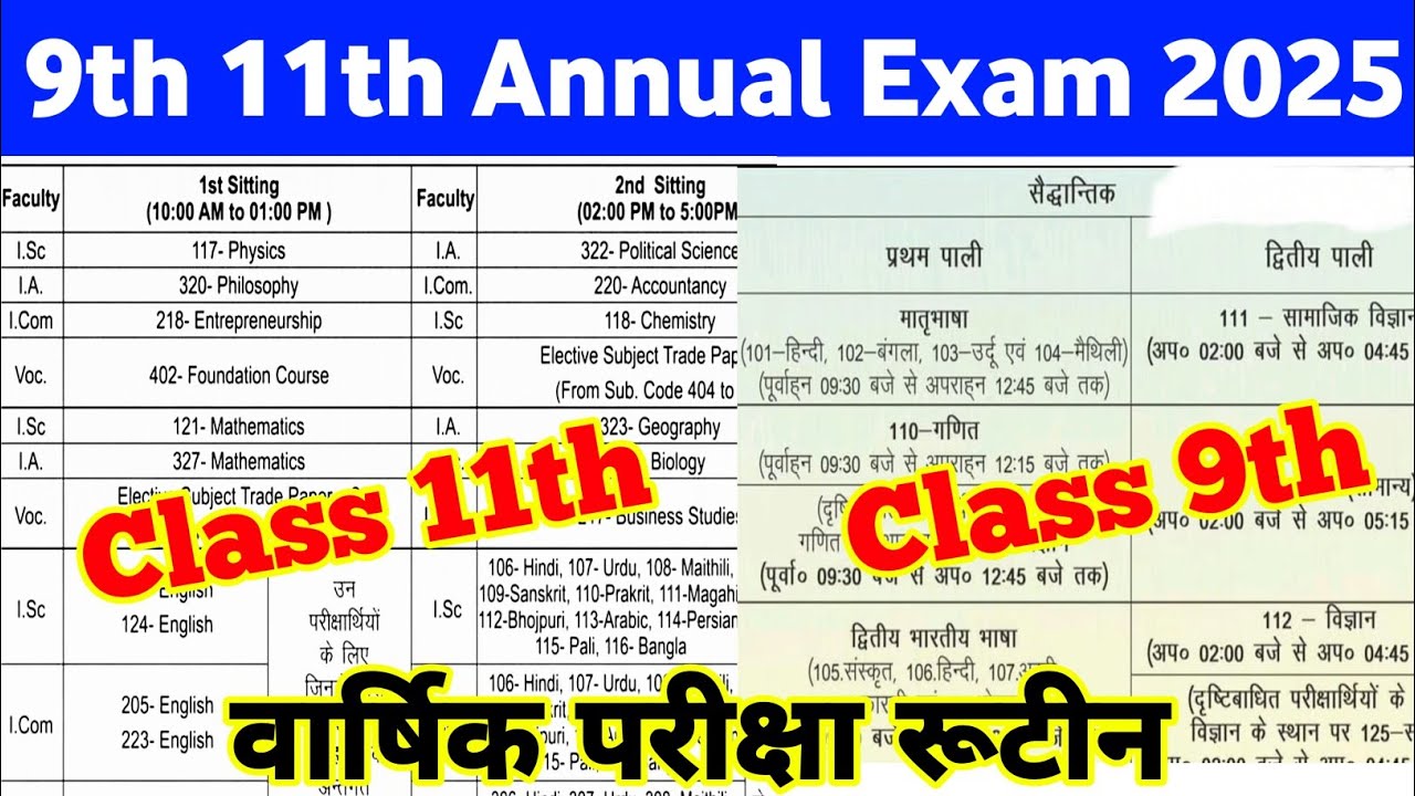 Bihar Board Class 9th 11th Annual Exam Routine 2025 || Class 11th ...
