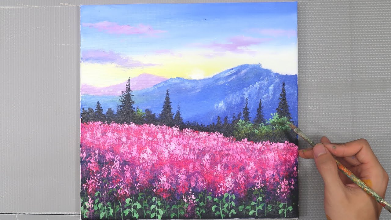 How to draw pink flower field landscape - Step By Step Acrylic Painting ...