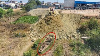 Action Strange Push Soil Clear Broken Boat To Building Road By BulldozerAnd DumpTruck Unloading Soil