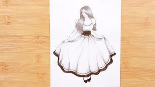 How to draw a girl with long dress / Drawing tutorial for beginners