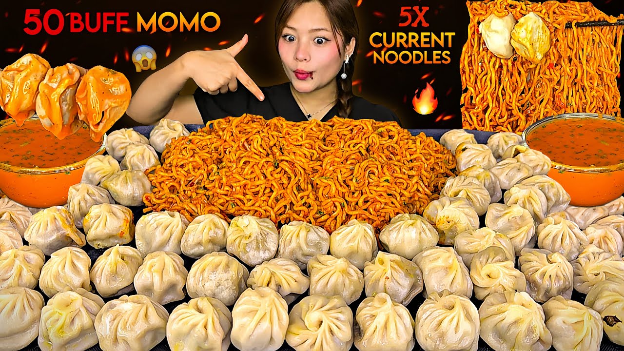 50 BUFFALO MOMO🥟😱 | 5X DEADLY SPICY CURRENT NOODLES🔥 CHALLENGE🌶️ WITH SPICY ACHAR |