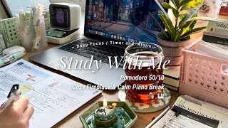 2HR STUDY WITH ME ☃ cozy fireplace / pomodoro 50/10  with calm piano break