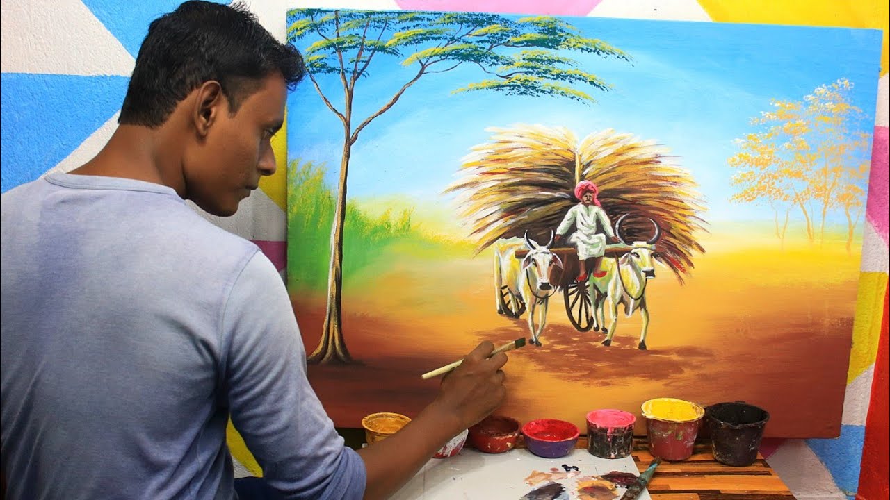 How to paint indian bullock cart bailgadi painting village scenery
