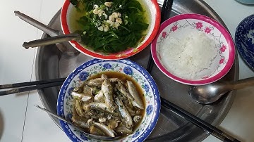 Mâm cơm đơn giản mà ngon sạch nồi, cá linh kho lạc, canh mồng tơ nấu tép thanh mát