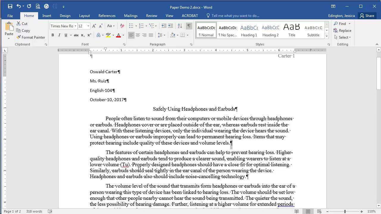 microsoft word essay space