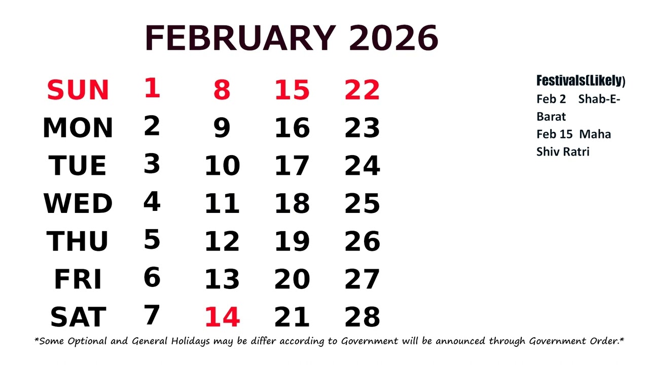 February calendar 2026 - youtube