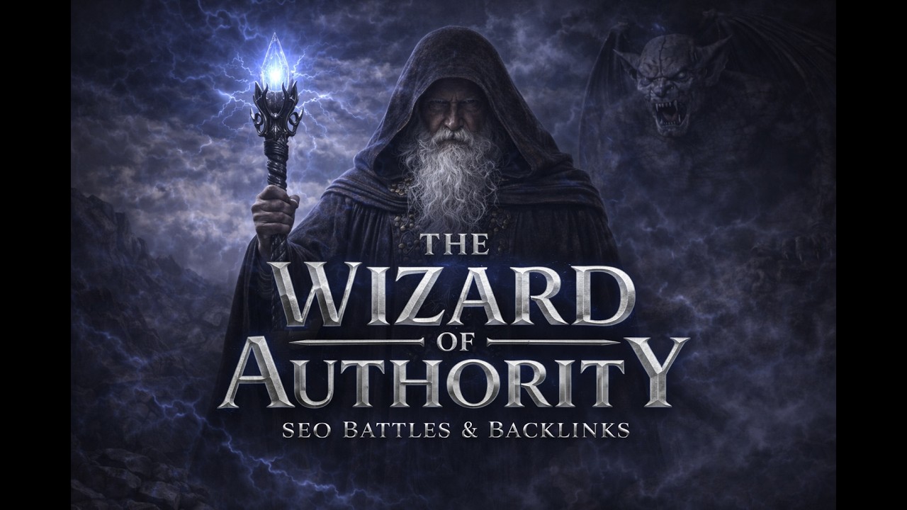 Dark fantasy wizard holding a glowing staff with a gargoyle in the background, representing SEO, backlinks and website authority