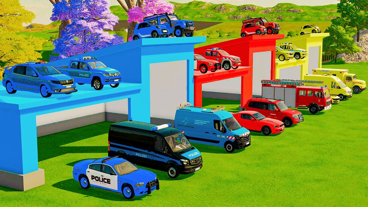 TRANSPORTING CARS, AMBULANCE, POLICE CARS, FIRE TRUCK OF COLORS! WITH TRUCKS! - FS 22