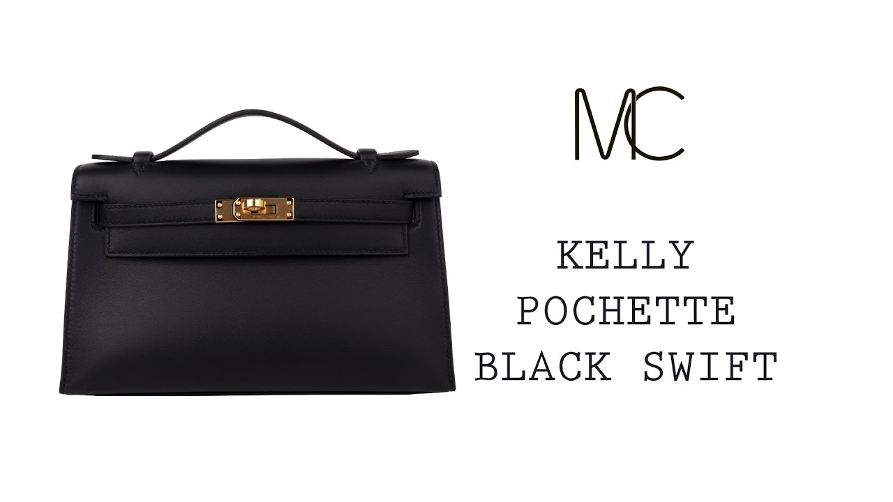 Hermes Kelly Pochette Bag Black Swift Clutch Gold Hardware • MIGHTYCHIC • 