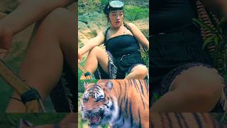 tiger swim to beautiful girl