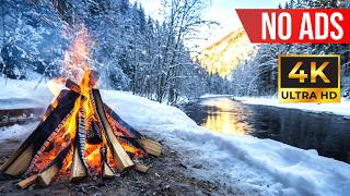 Cozy Snowy Campfire 6 Hours ❄️ Winter Forest Ambience | Crackling Fire, Flowing River &amp; Birds | 4K