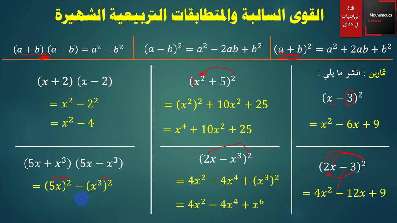 022 - القوى السالبة والمتطابقات التربيعية الشهيرة