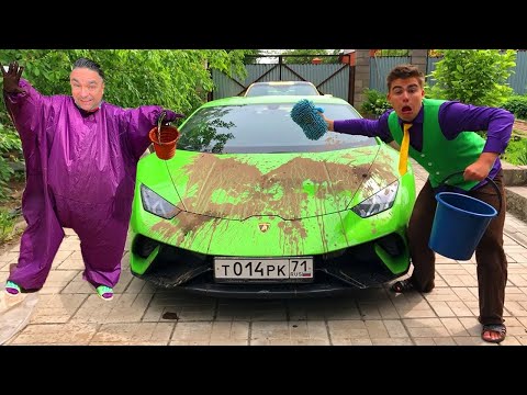 Mr. Joe in CAR WASH on Lamborghini Huracan VS Purple Fat Man Soiled with Dirt Hood Car for Kids