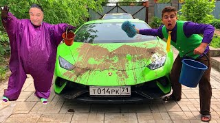 Mr. Joe in CAR WASH on Lamborghini Huracan VS Purple Fat Man Soiled with Dirt Hood Car for Kids