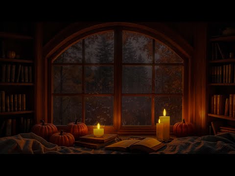Cozy Rainy Autumn Night Rain On Window Candlelight Pumpkins Relaxing Reading Ambience 