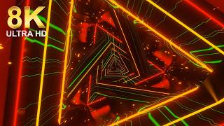 8K Abstract Futuristic Triangular Neon Tunnel Background with Red Glowing Wireframe Grid