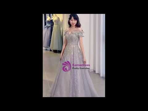 kemedress Gray Tulle Off the Shoulder Sequins Prom Dress