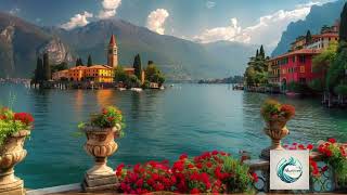 Escape To Bliss Serene Lake Surrounded By Colorful Flowers And Quaint Buildings