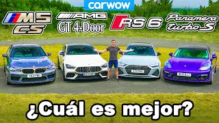 BMW M5 CS vs AMG GT vs Audi RS6 vs Porsche Panamera: RESEÑA y 0-100km\/h, 1\/4 milla, frenado y DRIFT