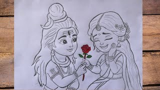 How to Draw Cute Shiv Parvati with Rose 🌹 | Easy Step-by-Step Drawing Tutorial for Beginners ✨|| 