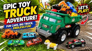 Epic Toy Truck Adventure Carrying Cars Through Amazing Outdoor Obstacles