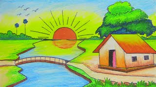 How to draw Easy sun rising Scenery Step By Step || সূর্যোদয়ের দৃশ্য || सूरज उगते हुए दृश्य