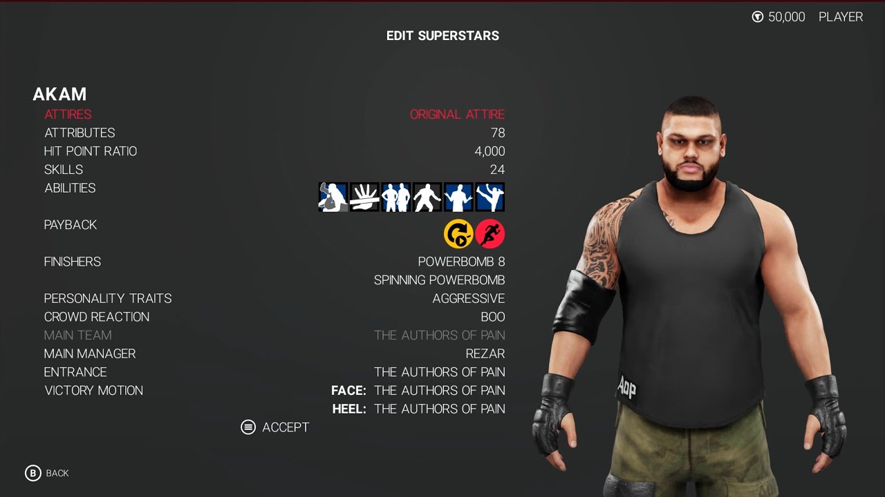 WWE 2K19 Akam Stats & Attributes