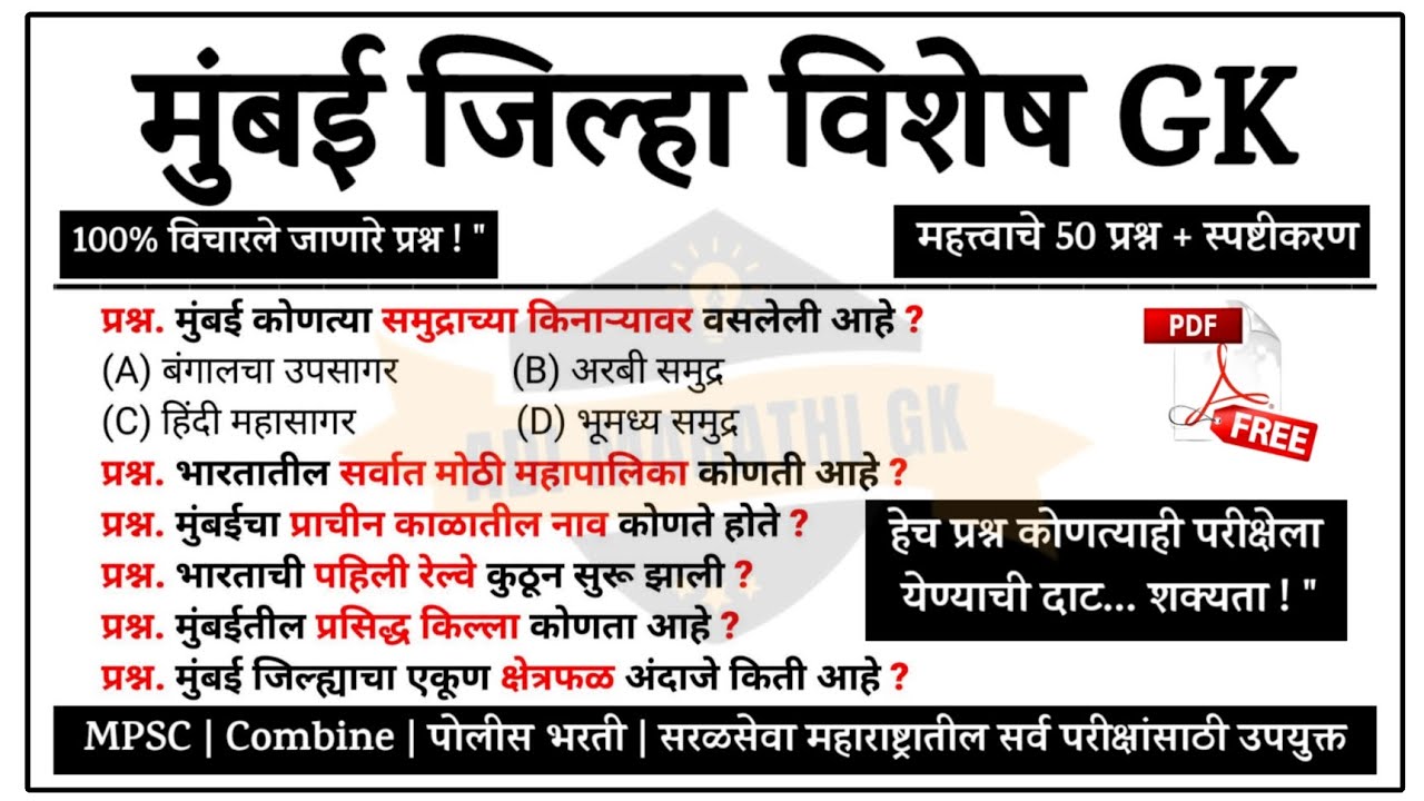 मुंबई जिल्हा विशेष GK | Mumbai GK Question in Marathi | Mumbai Special GK | Mumbai district GK