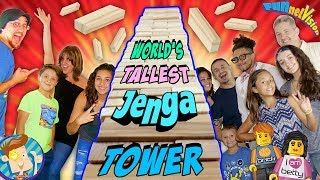 WORLD'S LARGEST JENGA TOWER FALLS DOWN!! 9+ ft  Tall Giant Jumbo Blocks w  FUNnel Vision \& Friends