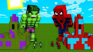Minecraft NOOB vs PRO: BATTLE ONE BLOCK INSIDE CASTLE HULK VS SPIDER MAN IN VILLAGE! 100% TROLLING