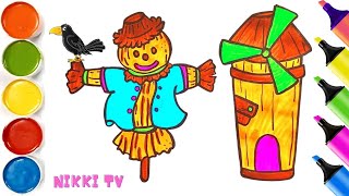 Cute Scarecrow and Windmill Drawing Painting and Coloring For Kids Toddlers abcd song for kids