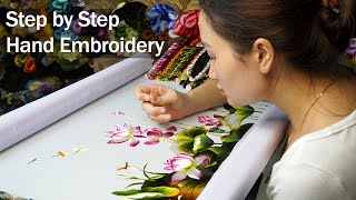 Step by Step, I designed and embroidered this beautiful lotus embroidery pattern