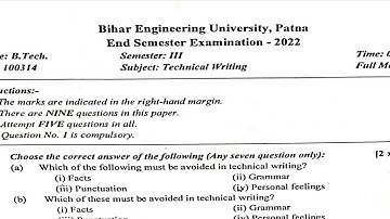 Technical Writing || BEU 2022 Question Paper-100314 || B-Tech || BEU 3rd semester CSE || Questions