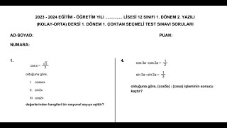 12Sinif 1 Dönem 2Yazili Kolay-Orta