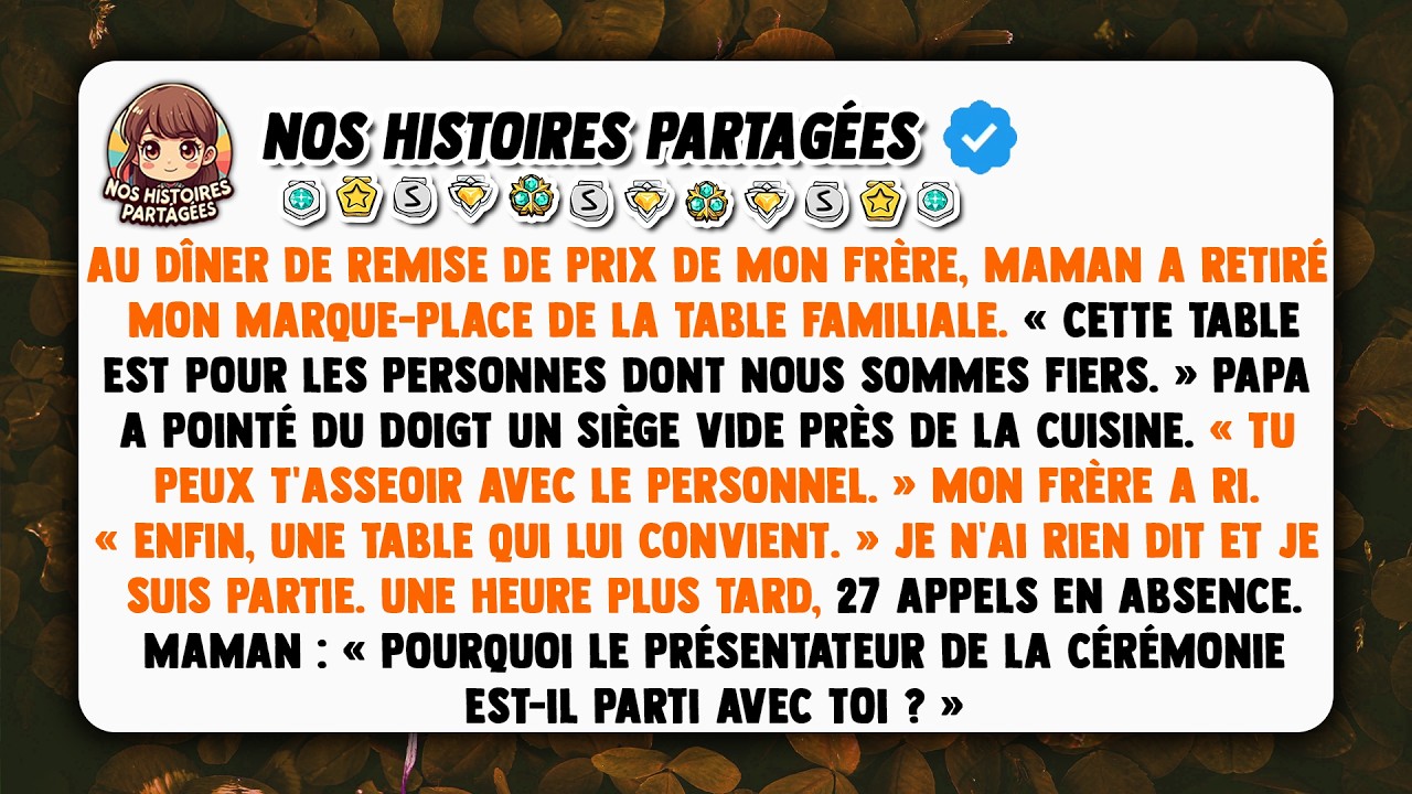 « Cette table est pour les gens dont nous sommes fiers. » Ma mère a prononcé ces mots devant toute la salle, son carton d’invité levé bien haut, et mon père a pointé une chaise près de la porte de...