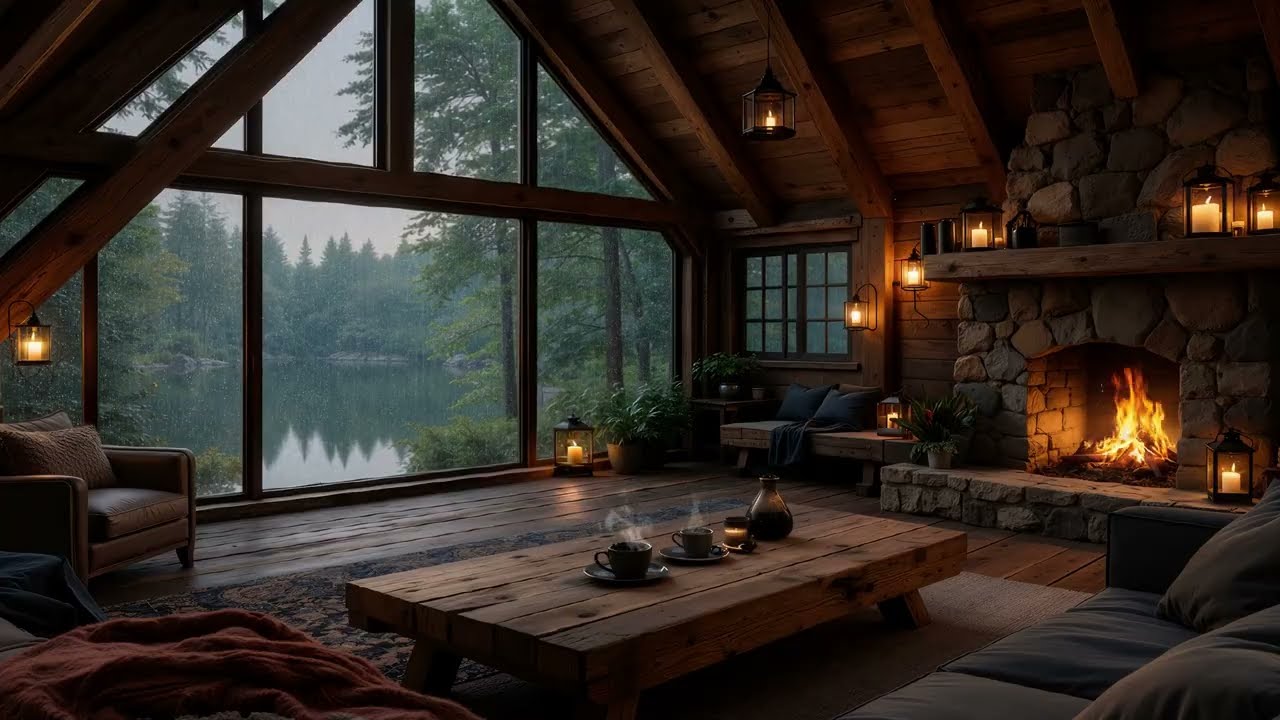 Soft Acoustic Guitar  Fireplace Ambience & Rain | Warm Acoustic Guitar for Relaxation & Chill Vibes