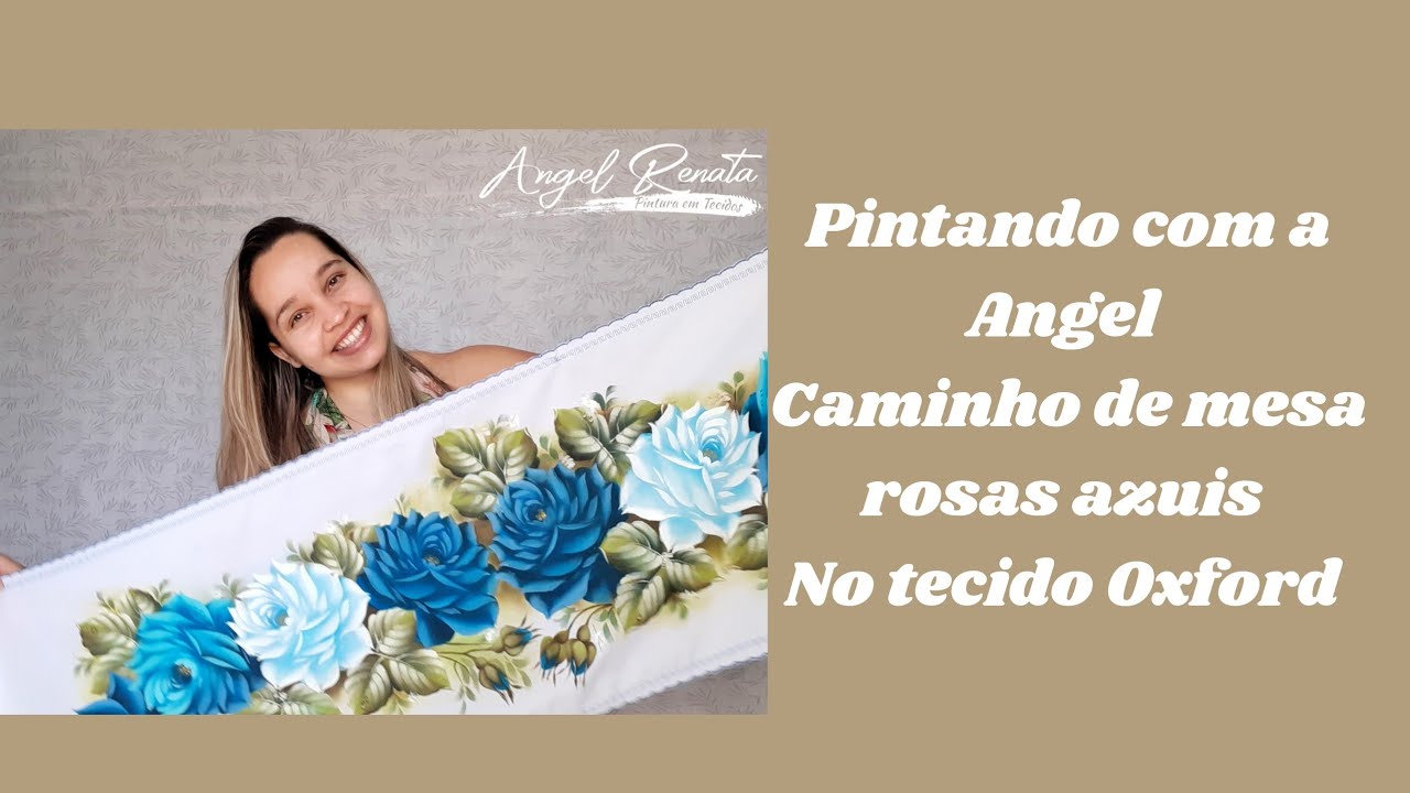 Pintura em tecido - caminho de mesa Oxford rosas azuis