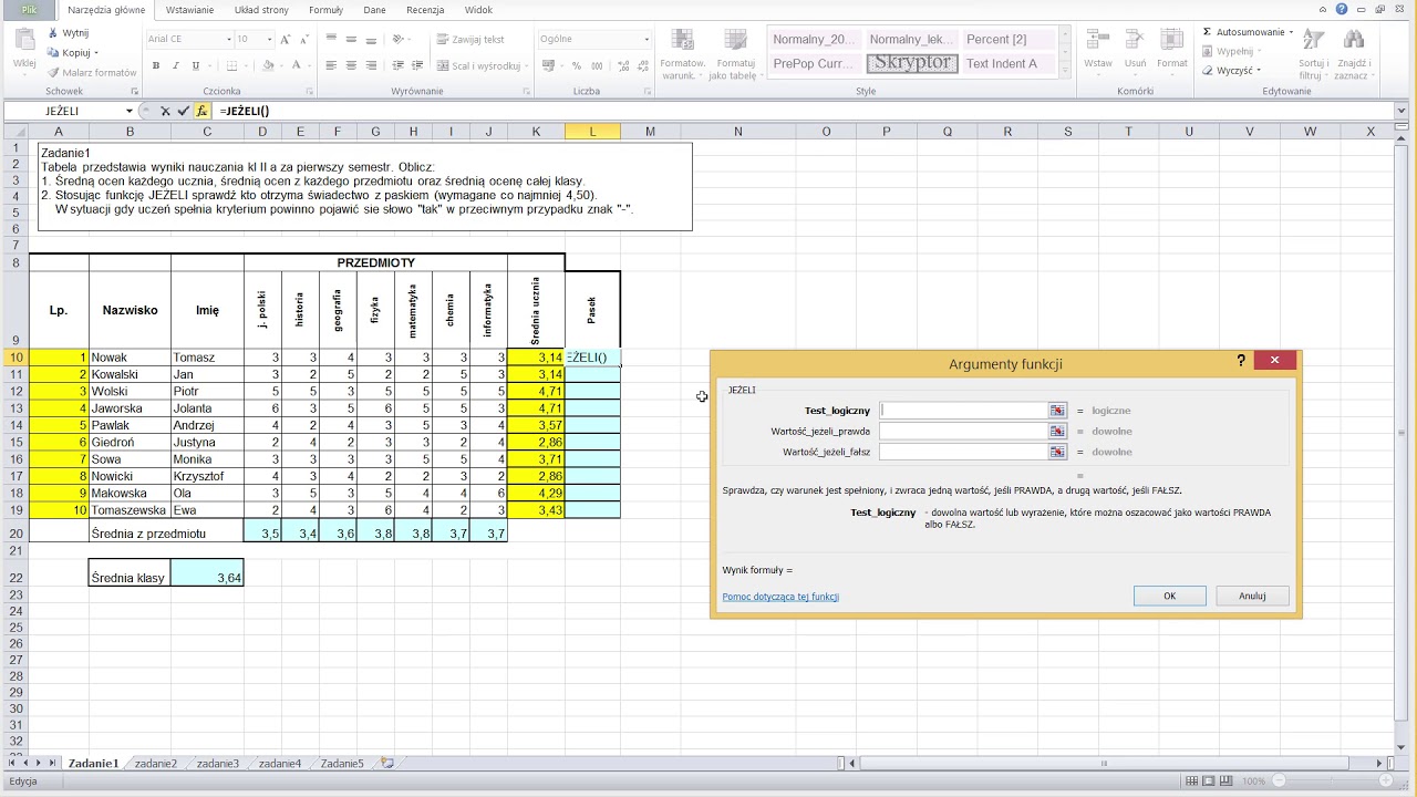 Sprawdzian Z Excela Gimnazjum 2 Funkcja Jezeli Excel - lekcje klasa 6 - YouTube
