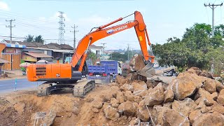 Caterpillar HITACHI Excavator working with Dump Truck 25 ton to remove large stones by Bulldozer Working Group 690 views 2 days ago 16 minutes
