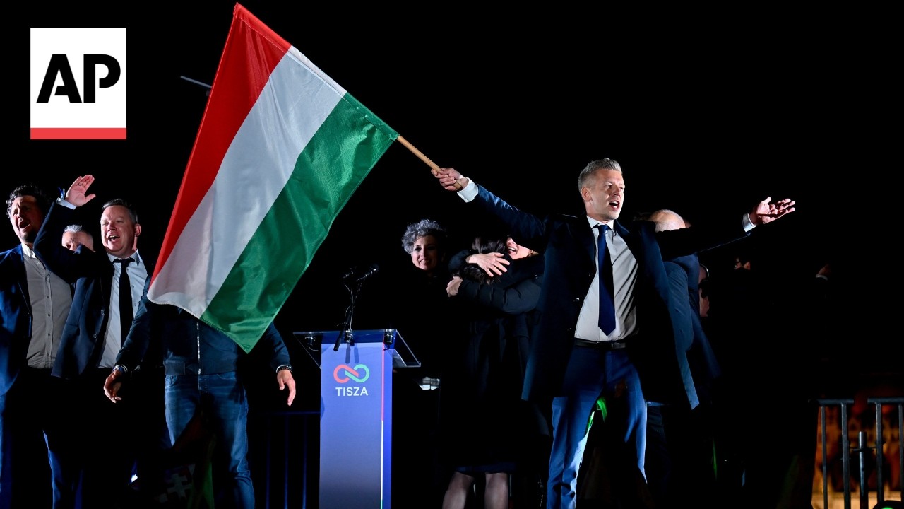 Hungary opposition leader Peter Magyar celebrates election win in Budapest