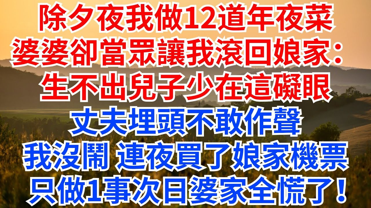 除夕夜我做12道年夜菜，婆婆卻當眾讓我滾回娘家：生不出兒子少在這礙眼。丈夫埋頭不敢作聲，我沒鬧，連夜買了娘家機票，只做1事，次日婆家全慌了！#情感故事 #故事頻道 #故事分享 #婆媳 #家庭矛盾