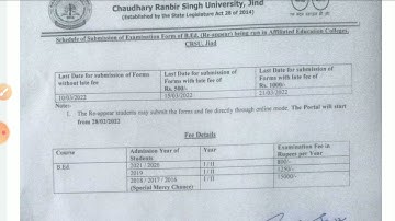 crsu University jind: B.Ed Reappear Examination schedule 2022/ Reappear examination form notice