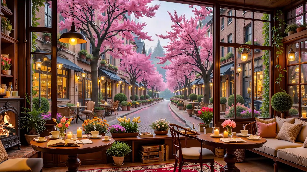 Beautiful Spring Jazz in a Coffee Shop ☕🌧️ Cozy Fireplace Sounds & Gentle Rainy Morning for Relax