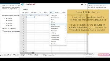 Hypothesis Test for one Mean (with Summary Stats) using Statcrunch
